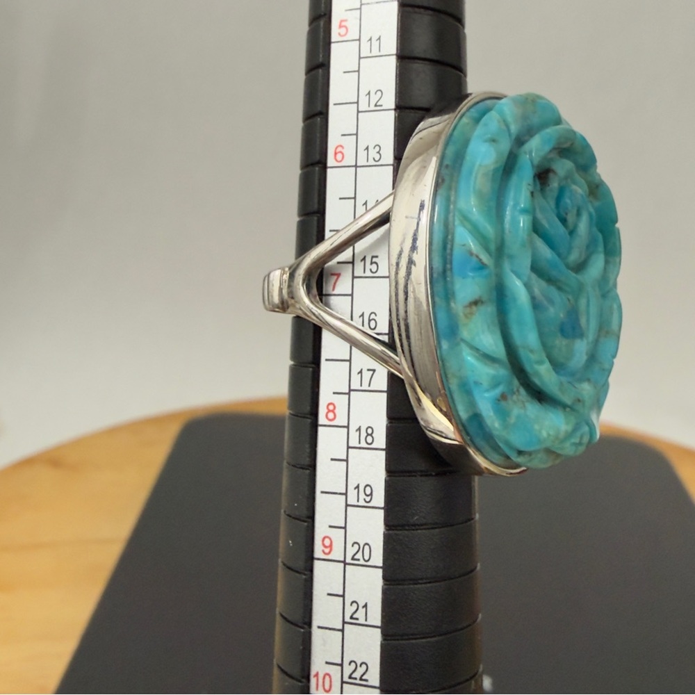 NF 925 Thailand DP Dallas Prince Carved Rose Turquoise Sterling Silver Ring Sz 7 - Picture 15 of 16